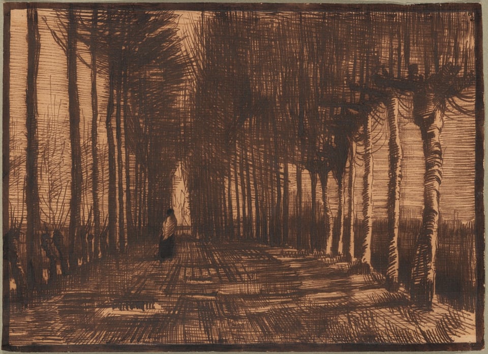 A work made of reed pen and iron-gall ink on tan laid paper.