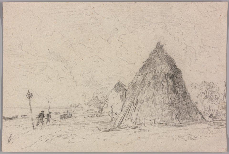 A work made of conté crayon on gray-blue wove paper.