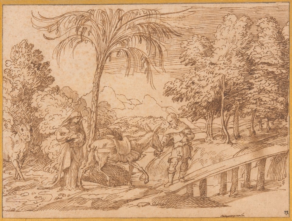 A work made of pen and brown ink on dark cream laid paper, laid down on laid paper, with pen and ink and gold ruled lines.