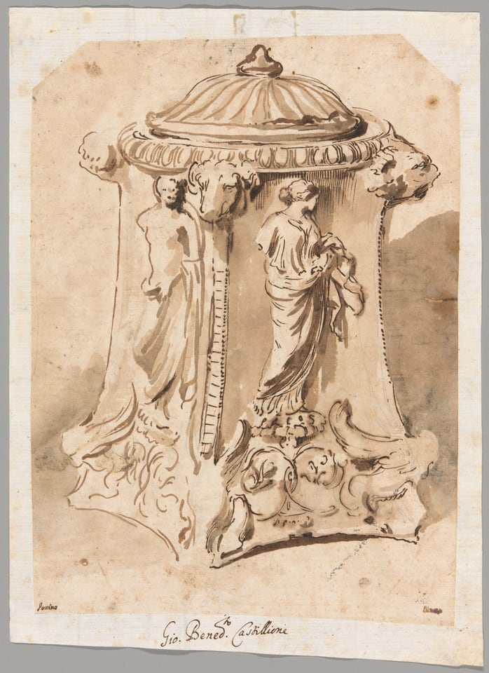 A work made of pen and brown ink and brush and brown wash, over graphite, on cream laid paper laid down on off-white laid paper.