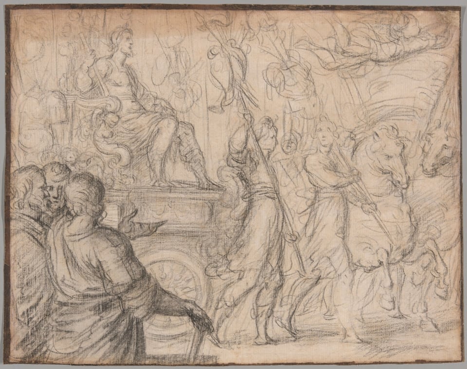 A work made of black chalk, with touches of white chalk, on cream laid paper.