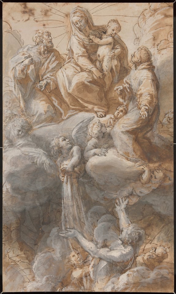 A work made of pen and brown ink, brown and gray wash, and white opaque watercolor (recto) and pen and brown-black ink (verso) on laid paper.