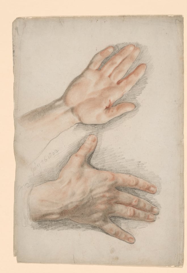 A work made of red and black chalk on gray wove paper.