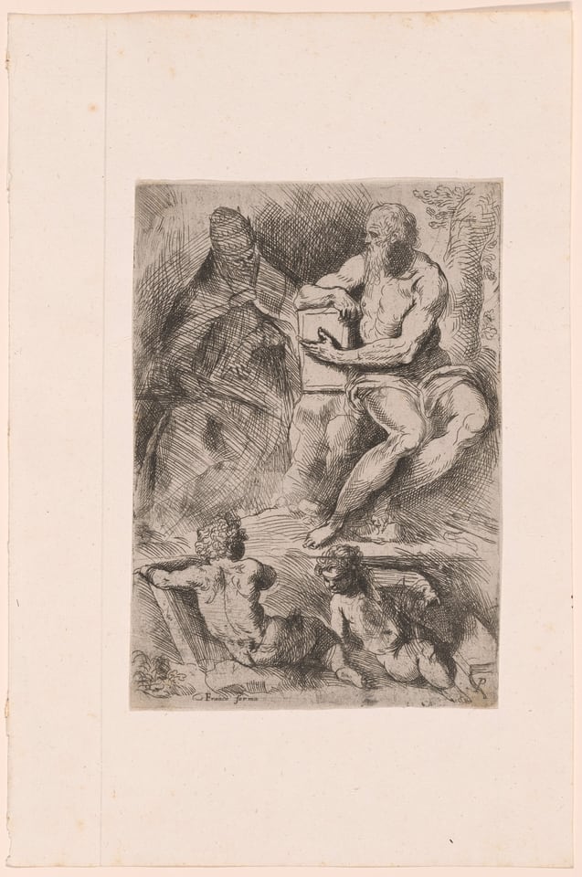 A work made of etching in black on cream laid paper.