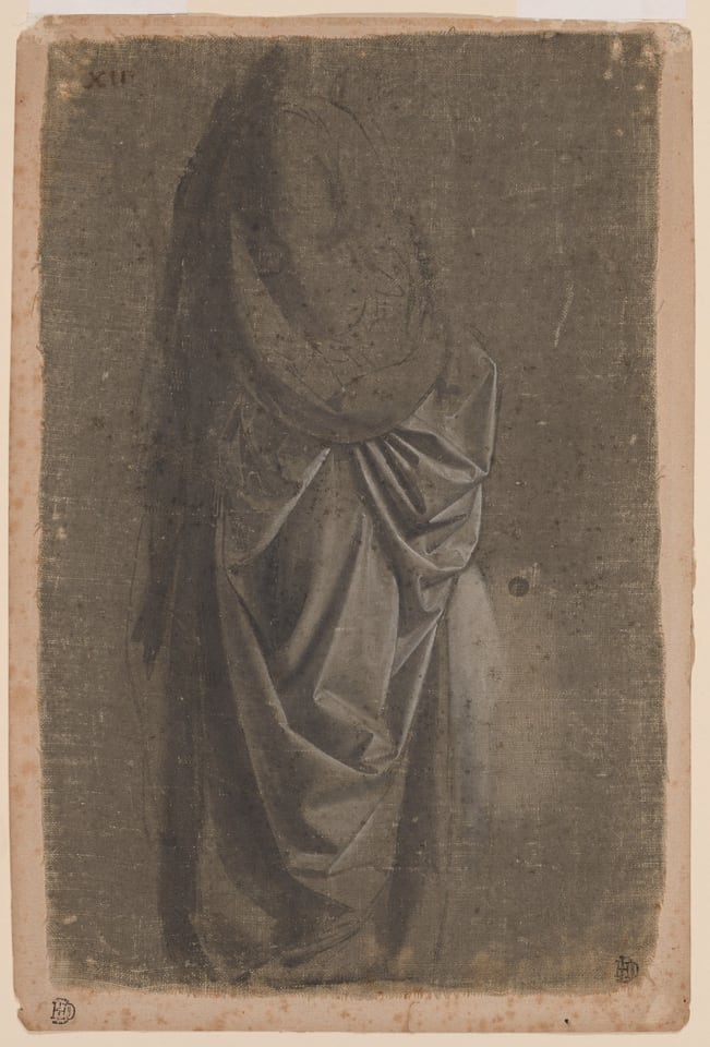 A work made of brush and opaque watercolor, on linen prepared with a gray ground, mounted to cream laid paper.