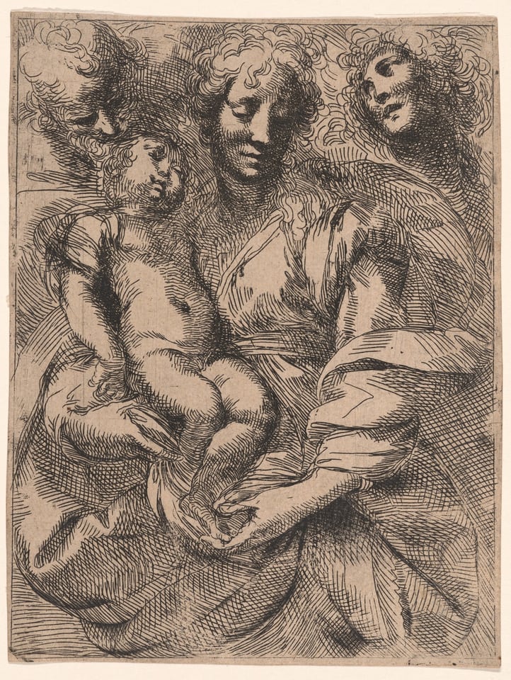 A work made of etching in black on tan laid paper.