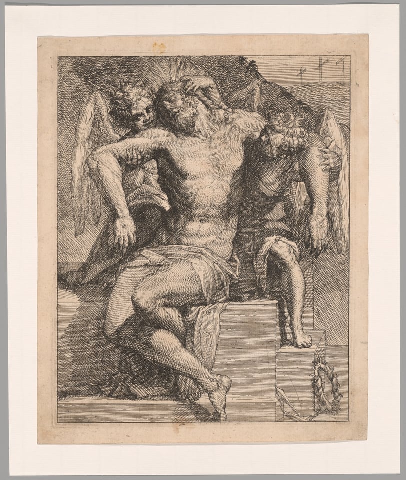 A work made of etching in black on cream laid paper.