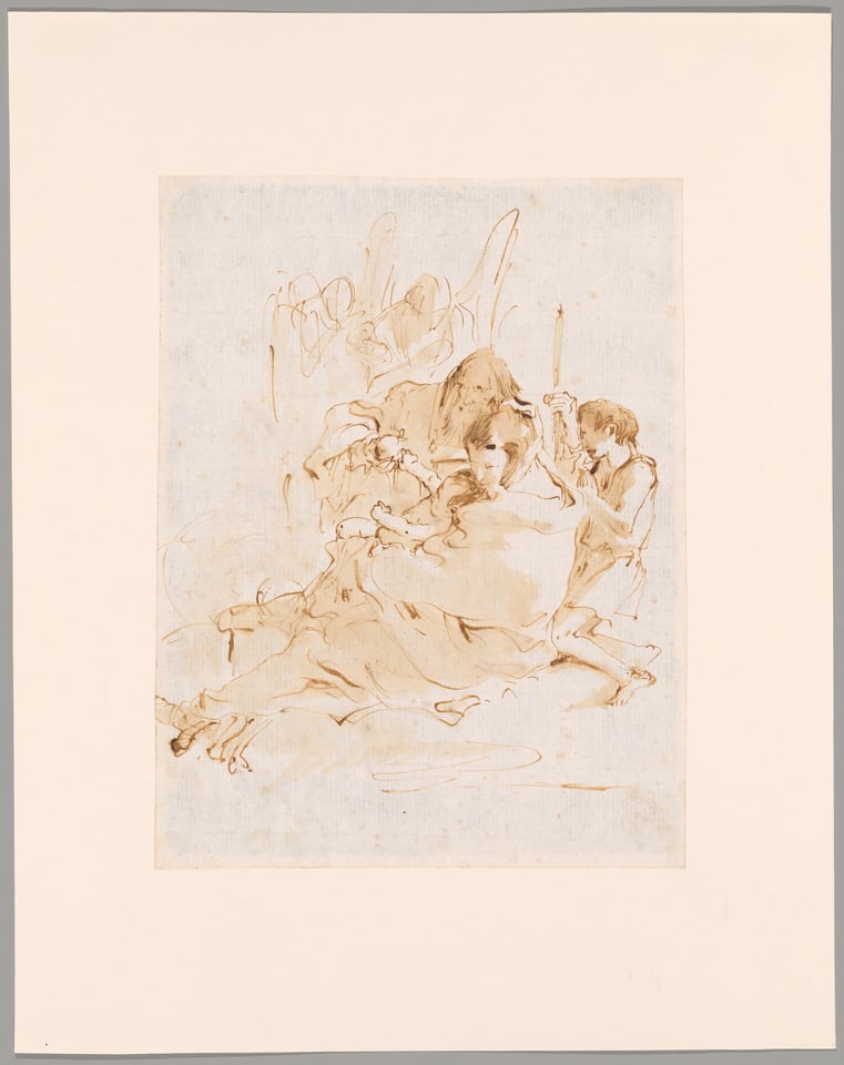 A work made of pen and brown ink and brush and brown ink wash on ivory laid paper.