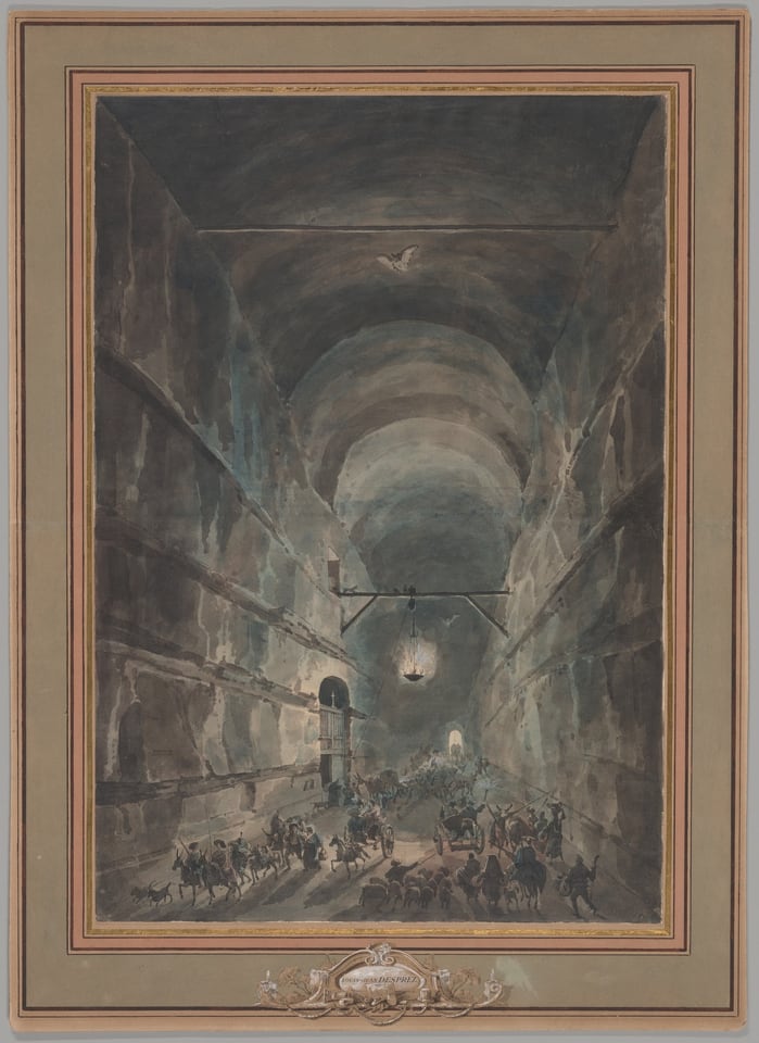 A work made of handcolored etching in black on cream laid paper.
