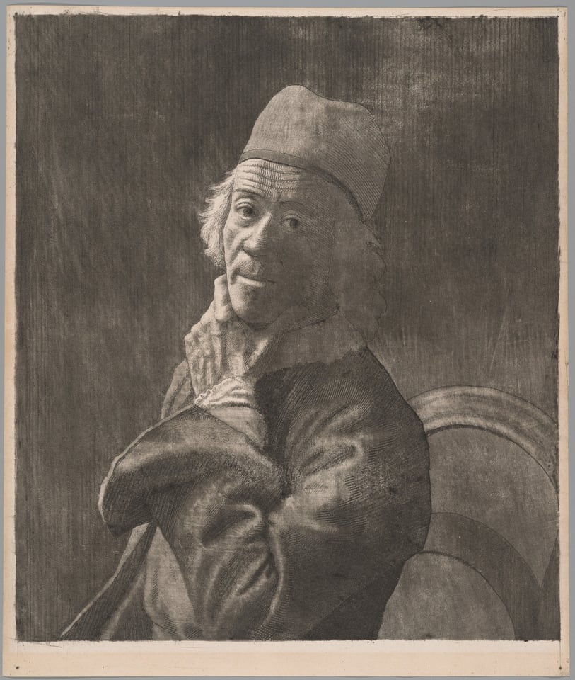 A work made of etching, roulette, and mezzotint in black on cream laid paper.