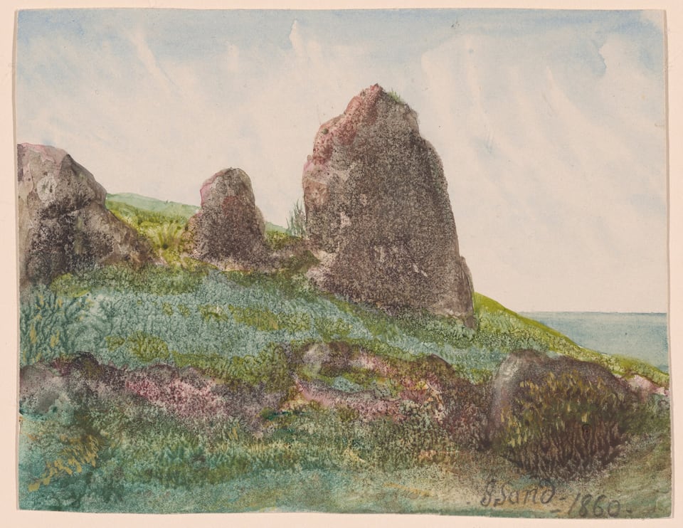 A work made of transparent and opaque watercolor on cream wove paper.