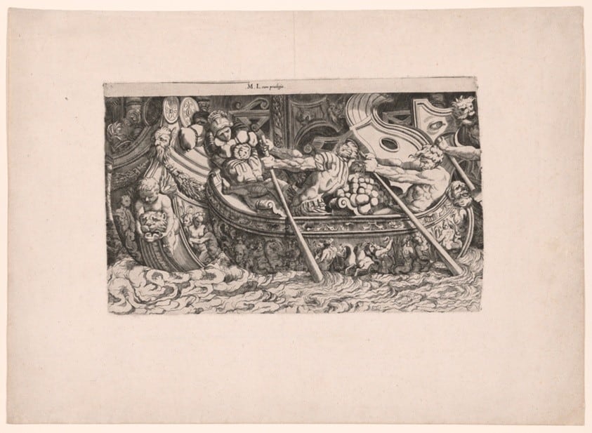 A work made of engraving and etching in black on cream laid paper.