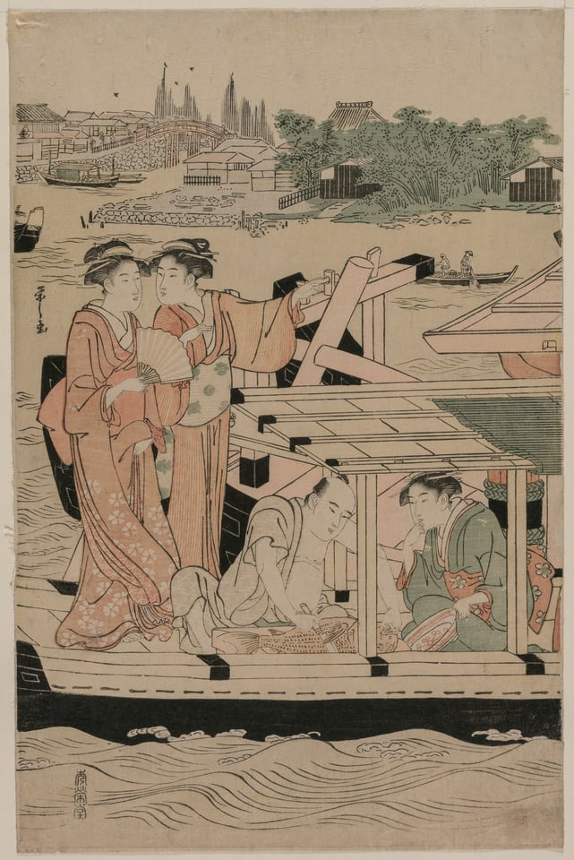 Leftmost Print from Pleasure Boats on the Sumida River beneath Shin-Ōhashi Bridge, by Chôbunsai Eishi, c. 1792