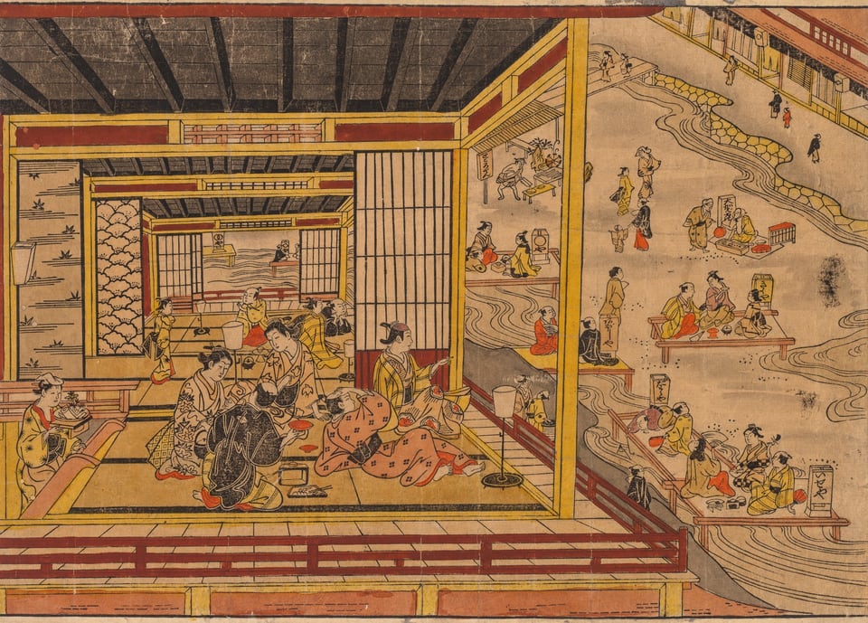 Tea House Beside the Kamo River in Kyoto, by Nishimura Shigenaga (Japanese, 1697(?)-1756), 1740s