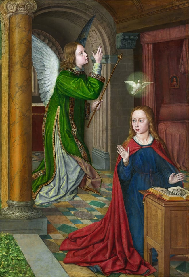 Painting of the Annunciation, dove flying above Mary with angel.
