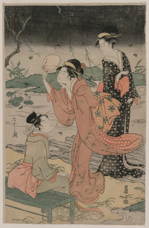 Women Beside a Stream Chasing Fireflies, by Chôbunsai Eishi, c. 1796–97