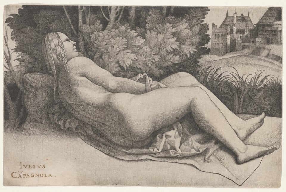 Venus Reclining in a Landscape, by Giulio Campagnola, c. 1508–9