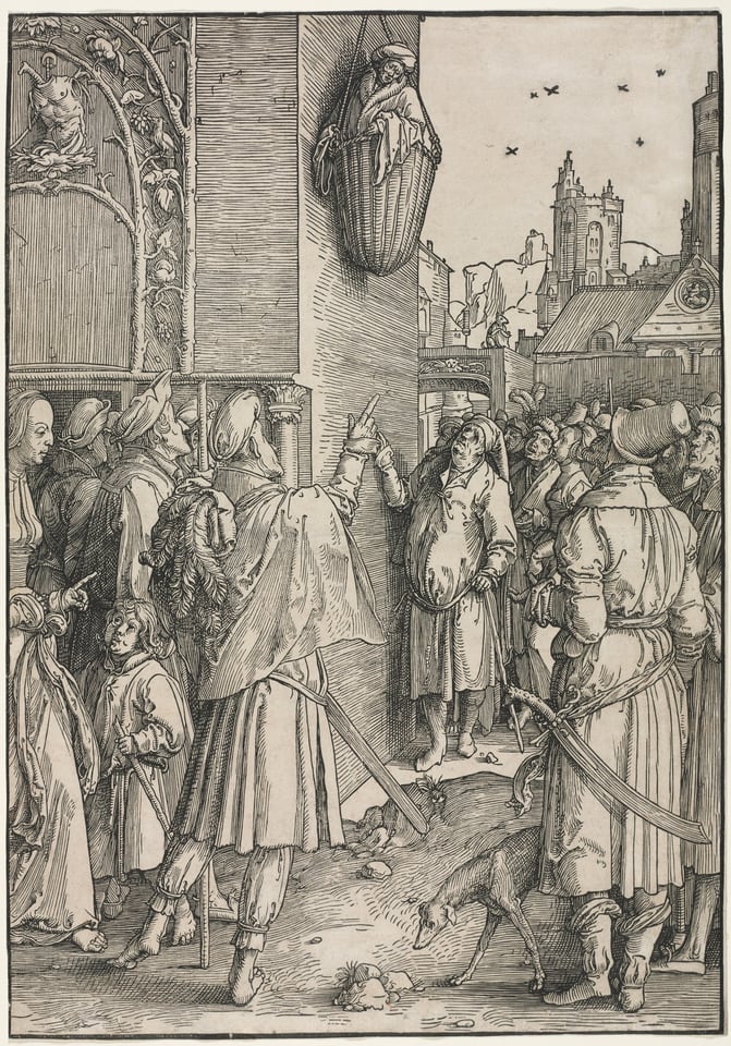 The Power of Women: The Poet Virgil Suspended in a Basket, by Lucas van Leyden, c. 1512