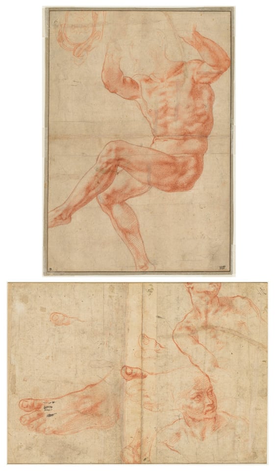 Study for the Nude Youth over the Prophet Daniel (recto); Figure Studies for the Sistine Ceiling (verso), by Michelangelo Buonarroti, 1510–11