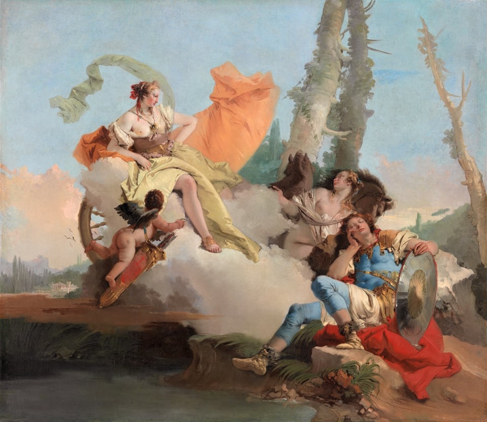 Large painting of soldier asleep outdoors surrounded by two women and a cupid.