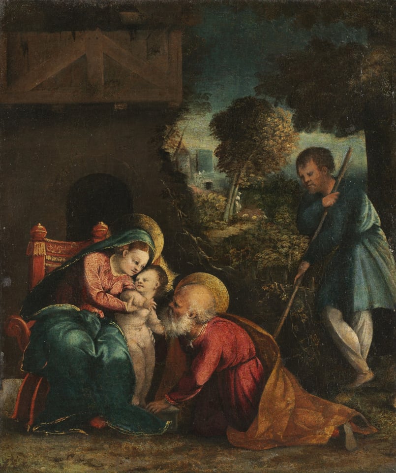 Holy Family with a Shepherd, by Battista Dossi, early 1520s