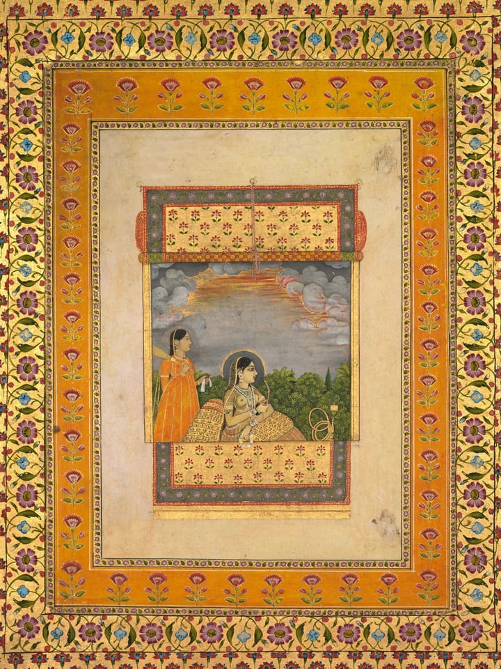 Princess and attendant in trompe l’oeil window, by Aqil Khan, c. 1765