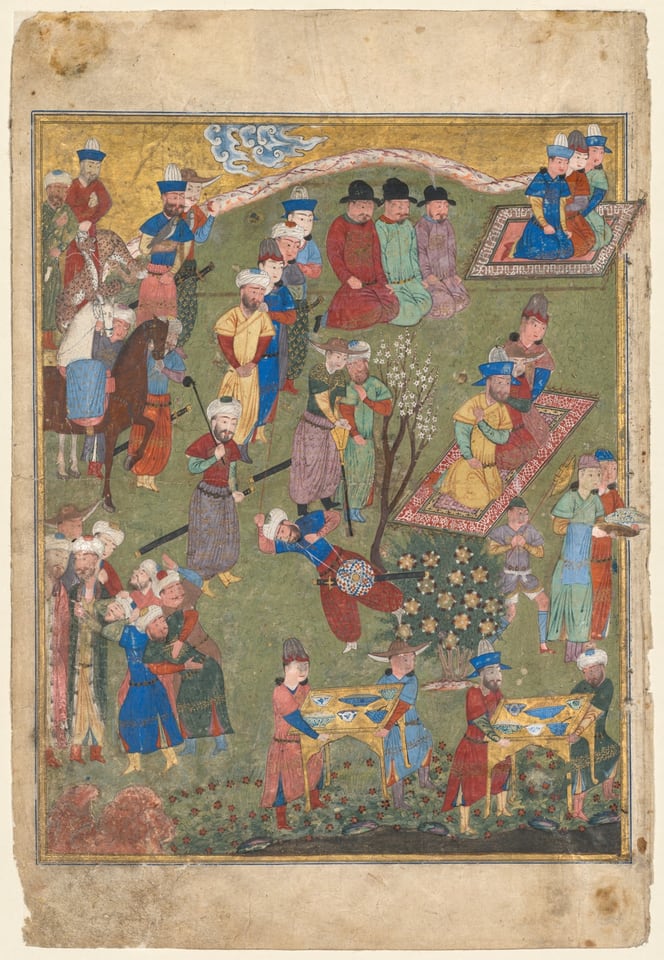 Royal Reception in a Landscape, left folio from the double frontispiece of a Shahnama (Book of Kings) of Firdausi (Persian, about 940–1019 or 1025), 1444
