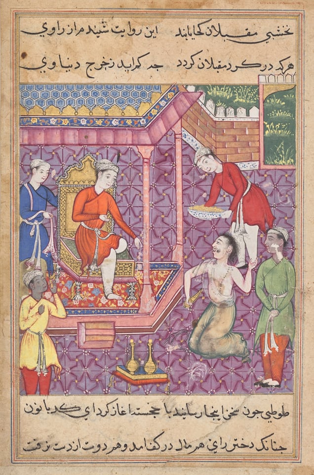 The magician disguised as a Brahman returns to claim his “daughter-in-law,” from a Tuti-nama (Tales of a Parrot): Thirty-fifth Night, c. 1560