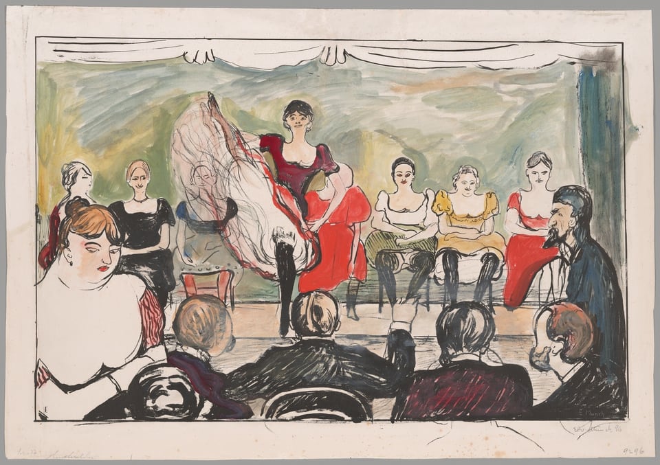 A work made of lithograph in black ink, with additions in brush and red, blue, yellow, green, orange-brown and gray watercolor on ivory wove paper.