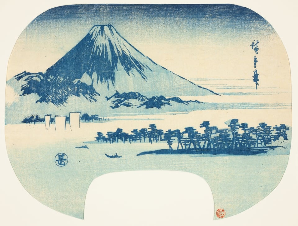 A work made of color woodblock print; uchiwa-e, aizuri-e.