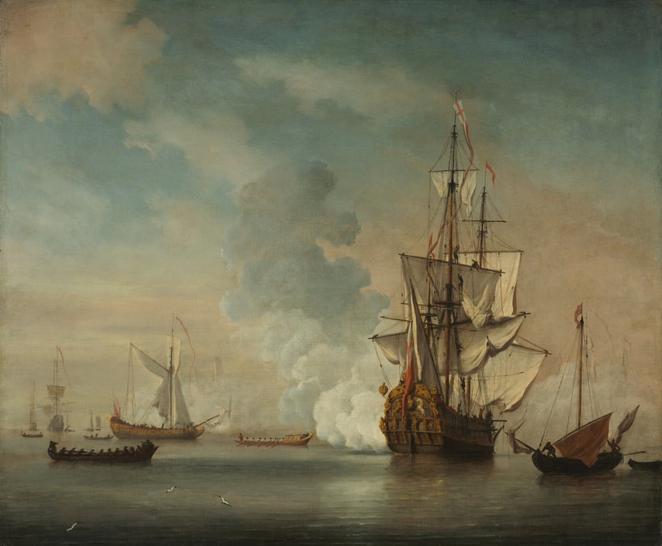 English Warship Firing a Salute, 1690