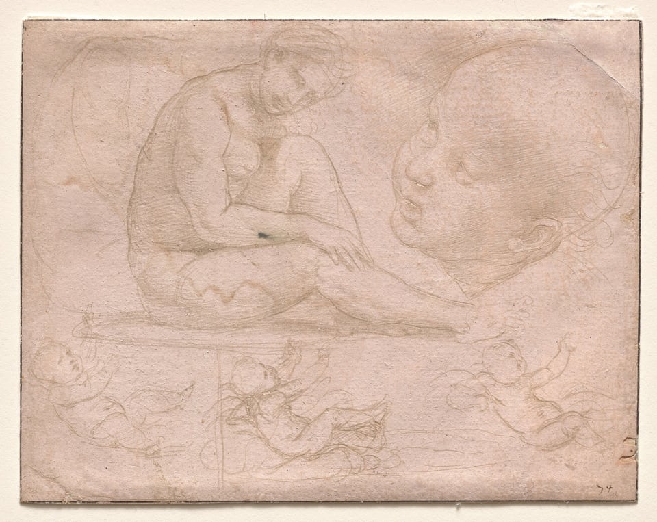 Studies of a Seated Female, Child's Head, and Three Studies of a Baby, by Raphael, c. 1507–8
