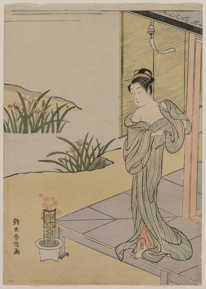 Young Woman Looking at a Pot of Pinks, by Suzuki Harunobu, c. 1767