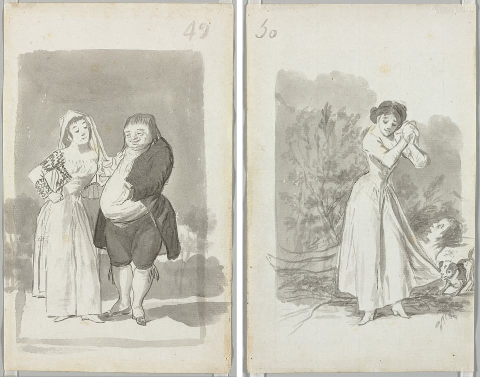 Young Woman (possibly a Sex Worker) with a Man (recto); Young Woman Wringing Her Hands over a Man's Naked Body (verso), by Francisco Goya, 1796–97