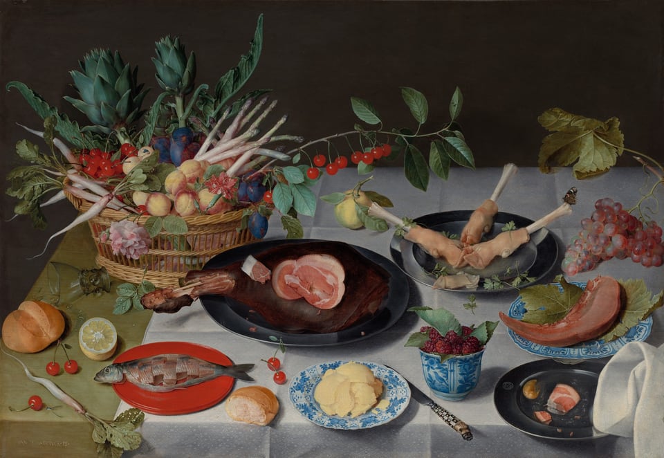 Still Life with Meat, Fish, Vegetables, and Fruit, by Jacob van Hulsdonck, c. 1615–20