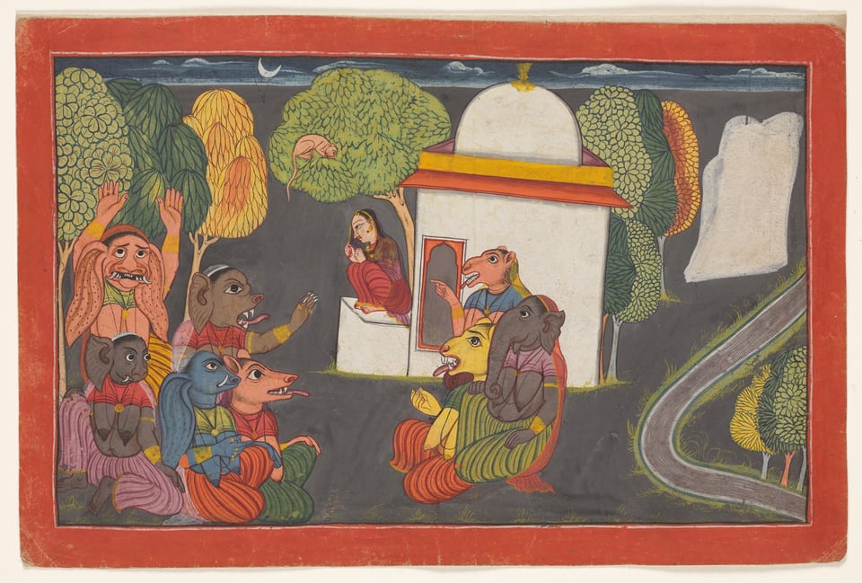 Hanuman spies Sita in the Ashoka Grove, from the “Shangri” Ramayana, c. 1700–25