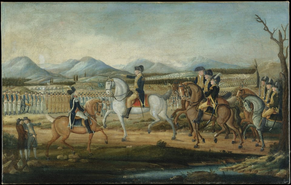 Washington Reviewing the Western Army at Fort Cumberland, Maryland, by Frederick Kemmelmeyer, after 1795