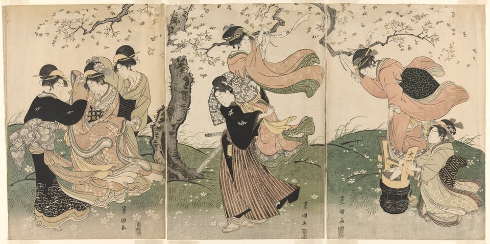 A work made of color woodblock prints; oban triptych.