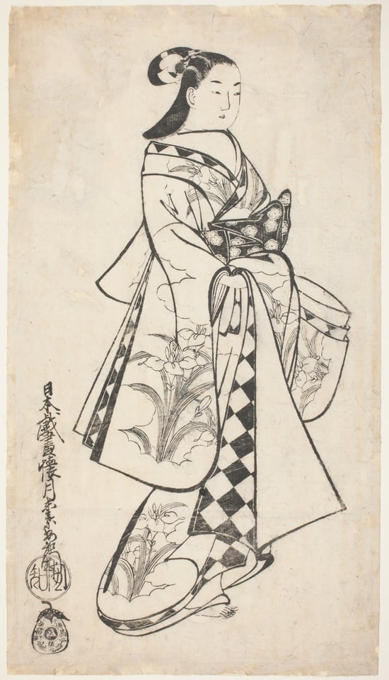 A work made of woodblock print; sumizuri-e, kakemono-e.