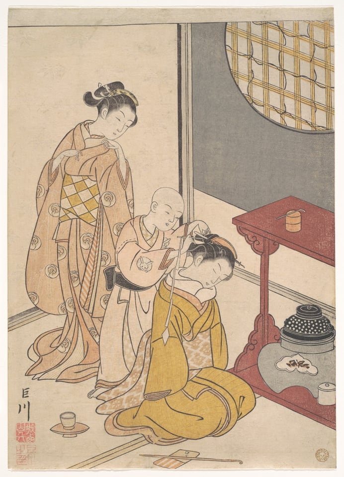 Night Rain at the Double-Shelf Stand, from the series Eight Parlor Views (Zashiki hakkei), by Suzuki Harunobu, ca. 1766