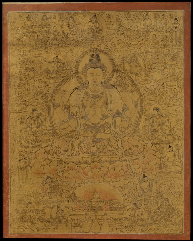 Sadaksari-Lokeshvara Surrounded by Manifestations and Monks, late 15th century