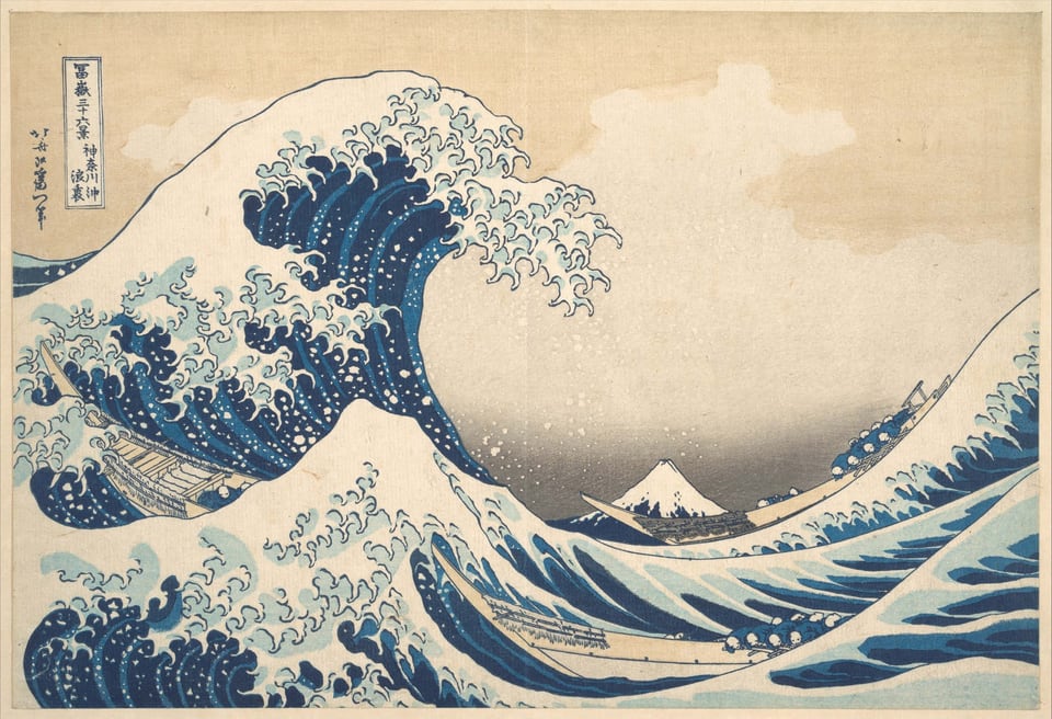 Under the Wave off Kanagawa (Kanagawa oki nami ura), or The Great Wave, from the series Thirty-six Views of Mount Fuji (Fugaku sanjūrokkei), by Katsushika Hokusai, ca. 1830–32