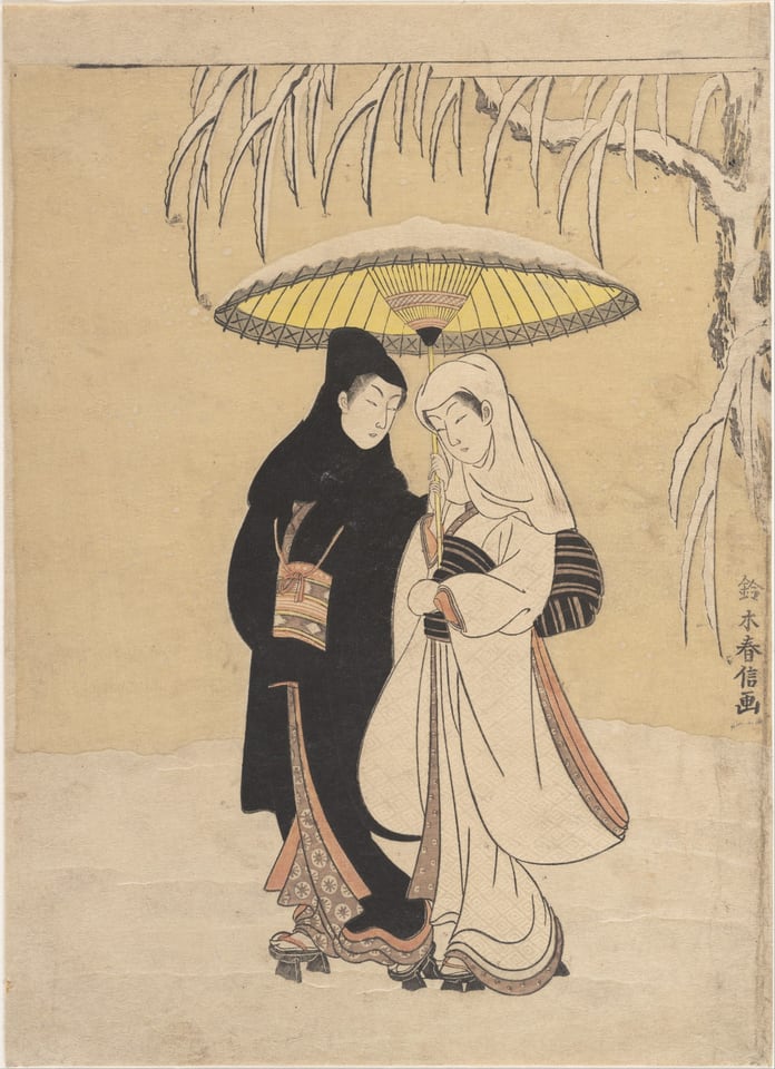 Lovers Walking in the Snow (Crow and Heron), by Suzuki Harunobu, 1764–72