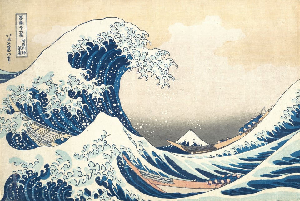 Under the Wave off Kanagawa (Kanagawa oki nami ura), also known as The Great Wave, from the series Thirty-six Views of Mount Fuji (Fugaku sanjūrokkei), by Katsushika Hokusai, ca. 1830–32