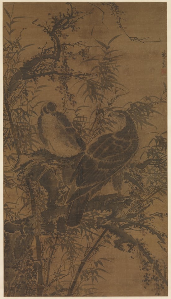 Two hawks in a thicket, by Lin Liang, mid- 15th century