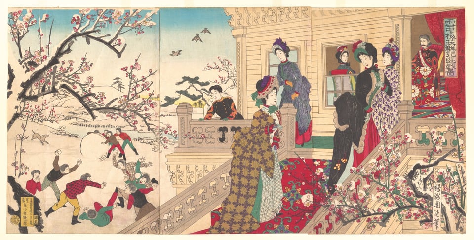Children Playing in the Snow under Plum Trees in Bloom (Secchū baisō gunji yūgi zu), by Yōshū (Hashimoto) Chikanobu, November 1887