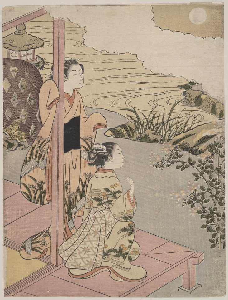 Two Girls on a Veranda beside a Stream with the Moon, by Suzuki Harunobu