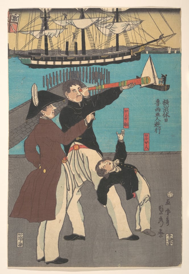 Russians Enjoying a Holiday in Yokohama (Yokohama kyūjitsu Roshiajin yūkō), by Utagawa (Gountei) Sadahide, 1861
