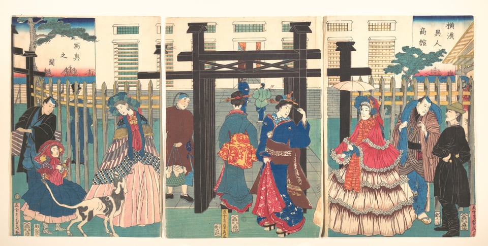 Foreign Business Establishment in Yokohama (Yokohama ijin shōkan shashin no zu), by Utagawa (Gountei) Sadahide, 1861