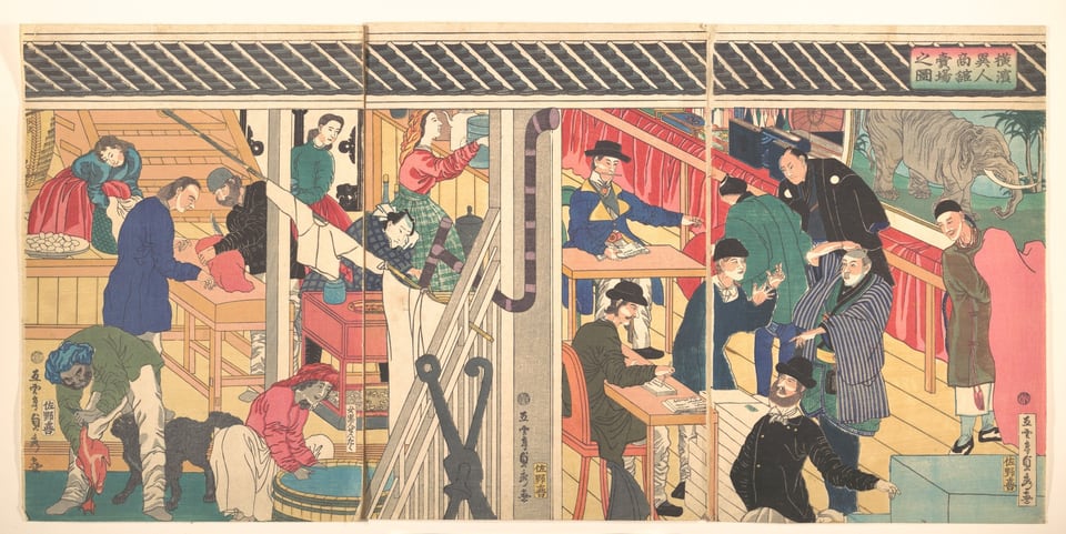 Foreign Business Establishment in Yokohama (Yokohama ijin shōkan uriba no zu), by Utagawa (Gountei) Sadahide, 9th month, 1861
